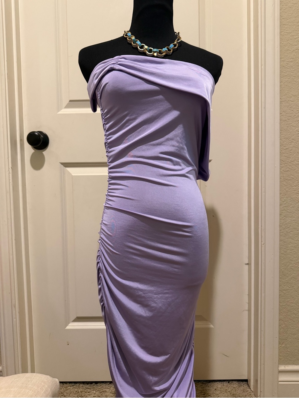 Fashion Nova Lilac One-Shoulder Ruched Maxi Dress